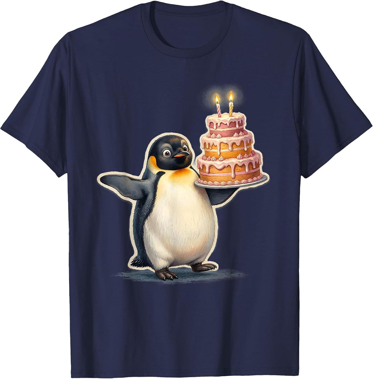Penguin Balancing Cake 2nd Birthday Graphic T-Shirt - Navy Blue