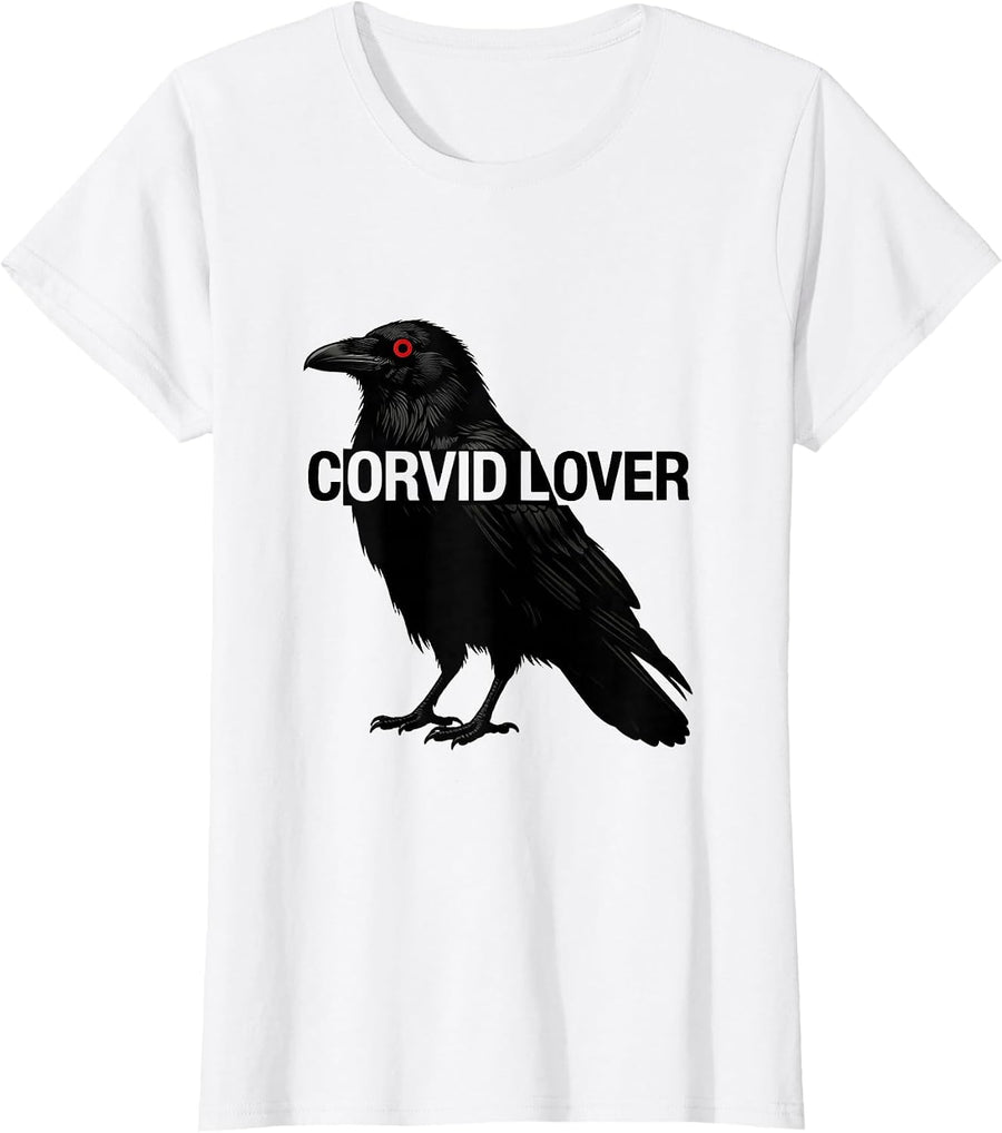 Women's Corvid Lover Minimalist Raven Silhouette Gothic Bird Art T-Shirt - White