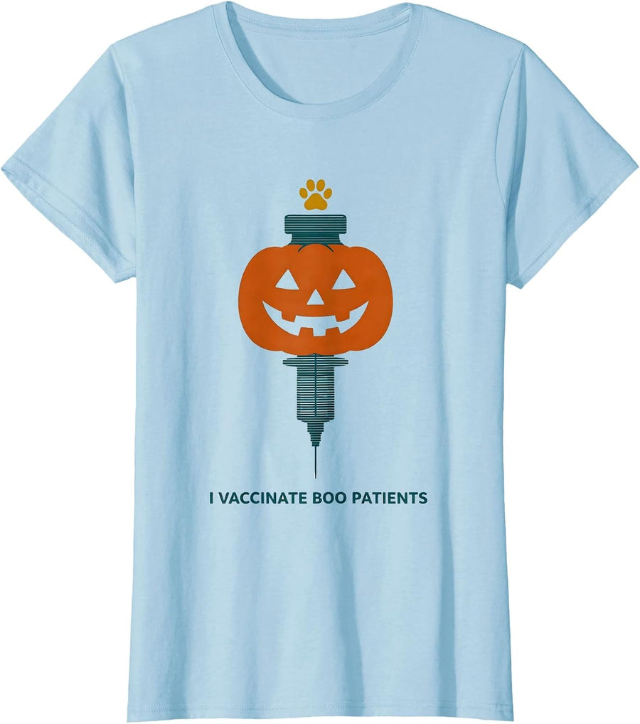 Women's I Vaccinate Boo Patients Funny Vet Tech Halloween Humor T-Shirt - Baby Blue