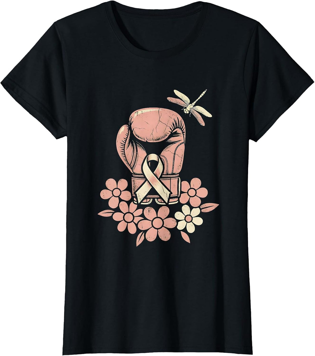Pink Ribbon Boxing Glove Breast Cancer Awareness T-Shirt - Black