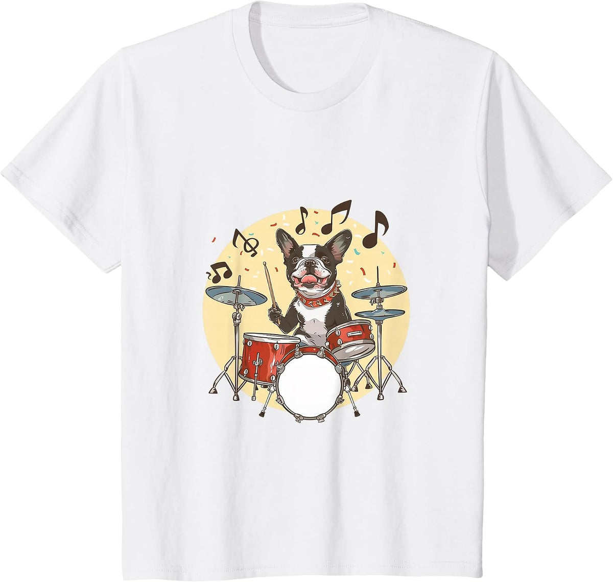 Boston Terrier Dog Playing The Drums Musician Dog Rock Band T-Shirt - White