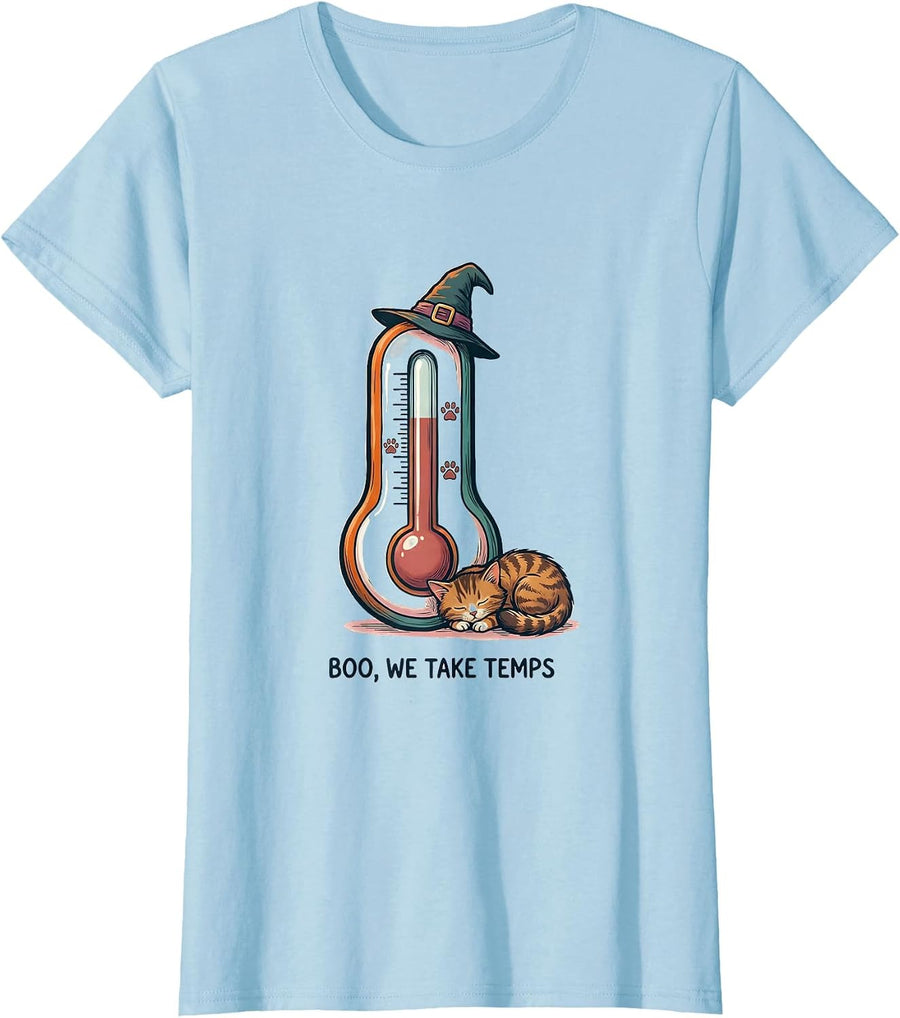 Women's Boo We Take Temps Funny Vet Tech Halloween Workplace Humor T-Shirt - Baby Blue