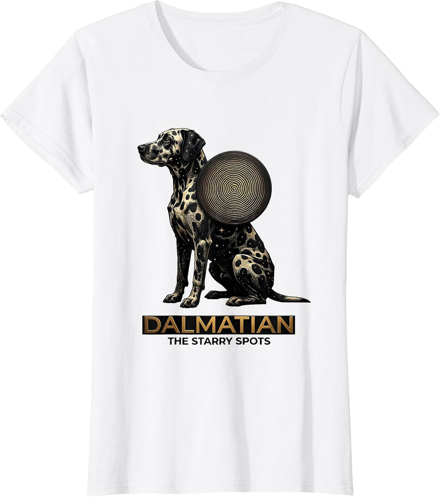 Women's Dalmatian, The Starry Spots Wood Type Letterpress Art Dog T-Shirt - White