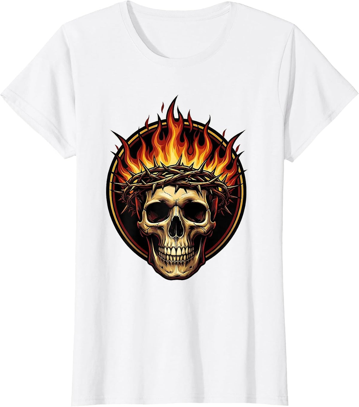 Skull Burning Crown of Thorns Gothic Art T-Shirt - White