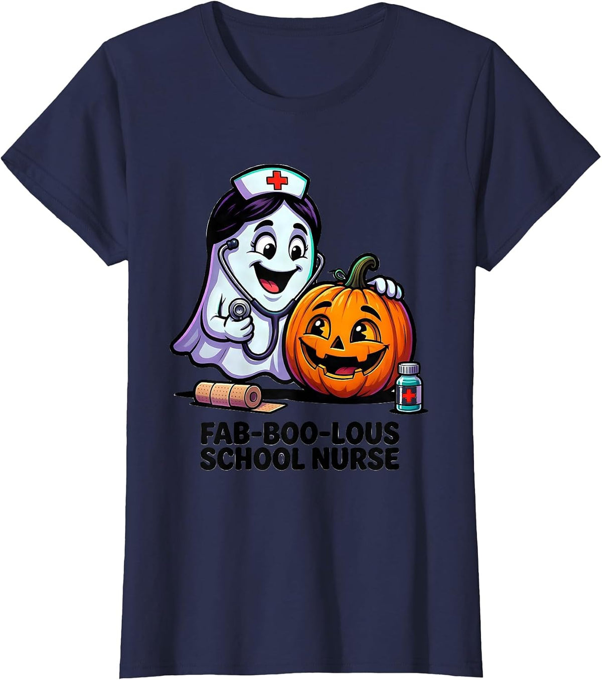 Women's Fab-Boo-Lous School Nurse Cartoon Ghost Halloween Costume T-Shirt - Navy Blue