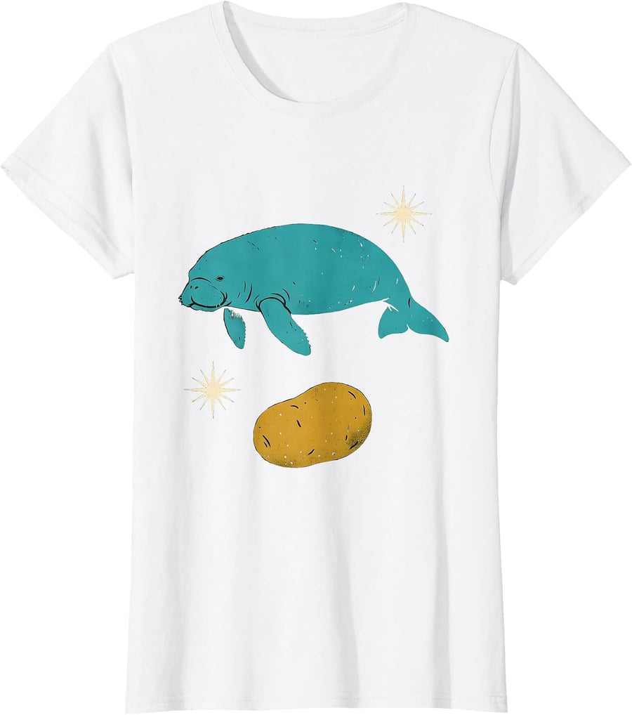 Women's Floaty Potato Manatee Sea Cow Midcentury Modern T-Shirt - White