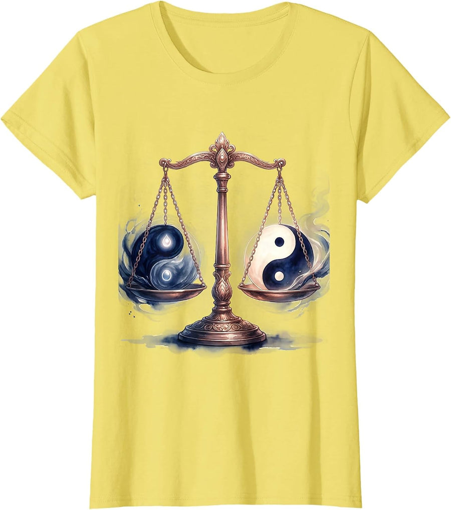 Women's Libra Scale Yin Yang Balance Zodiac Design T-Shirt - Lemon Yellow