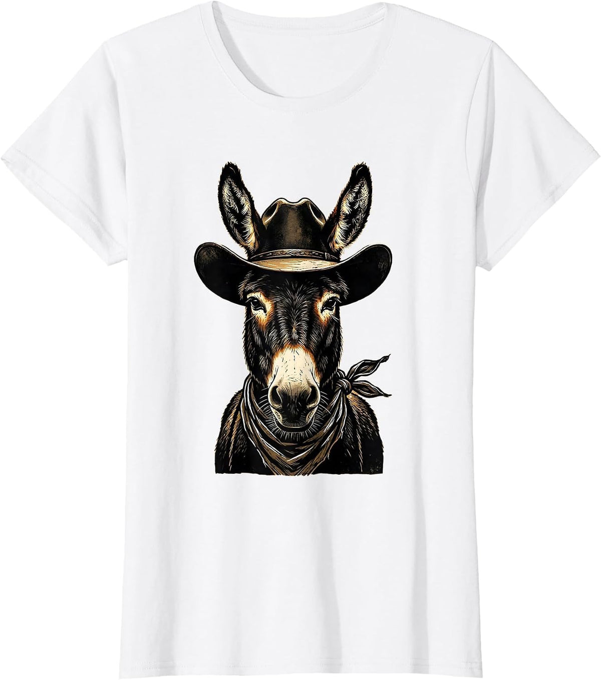 Cowboy Donkey in Hat and Bandana Illustration T-Shirt - White