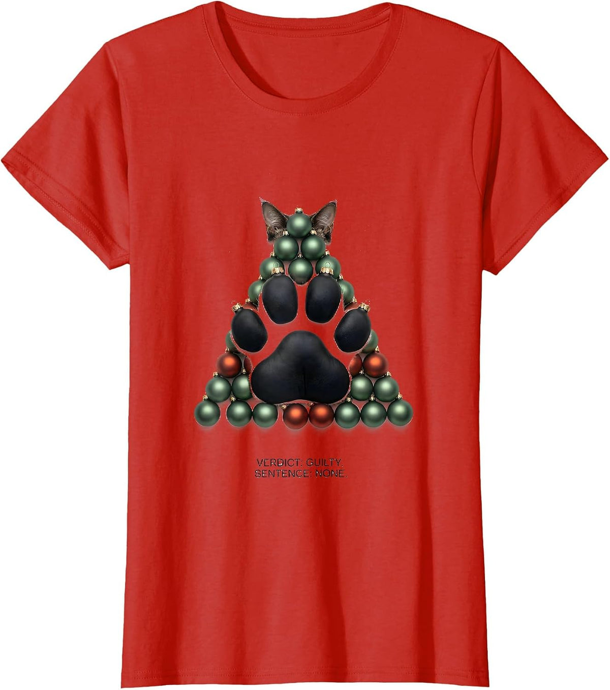 Women's Verdict: Guilty. Sentence: None. Funny Black Cat Christmas T-Shirt - Red