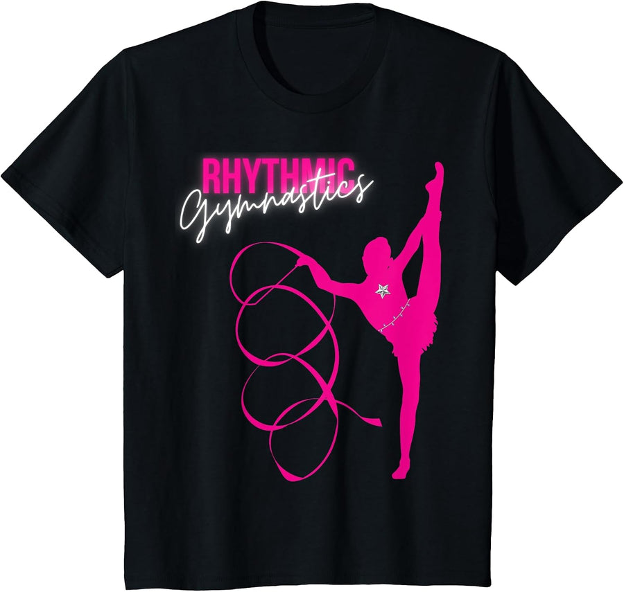 Rhythmic Gymnastics Hot Pink Gymnast Ribbon Girl T-Shirt - Black