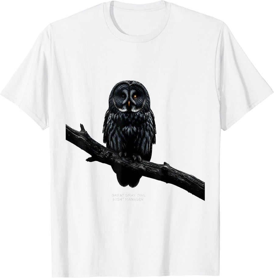 Men's Great Gray Owl Night Manager Whimsical Nature Lover Vintage T-Shirt - White
