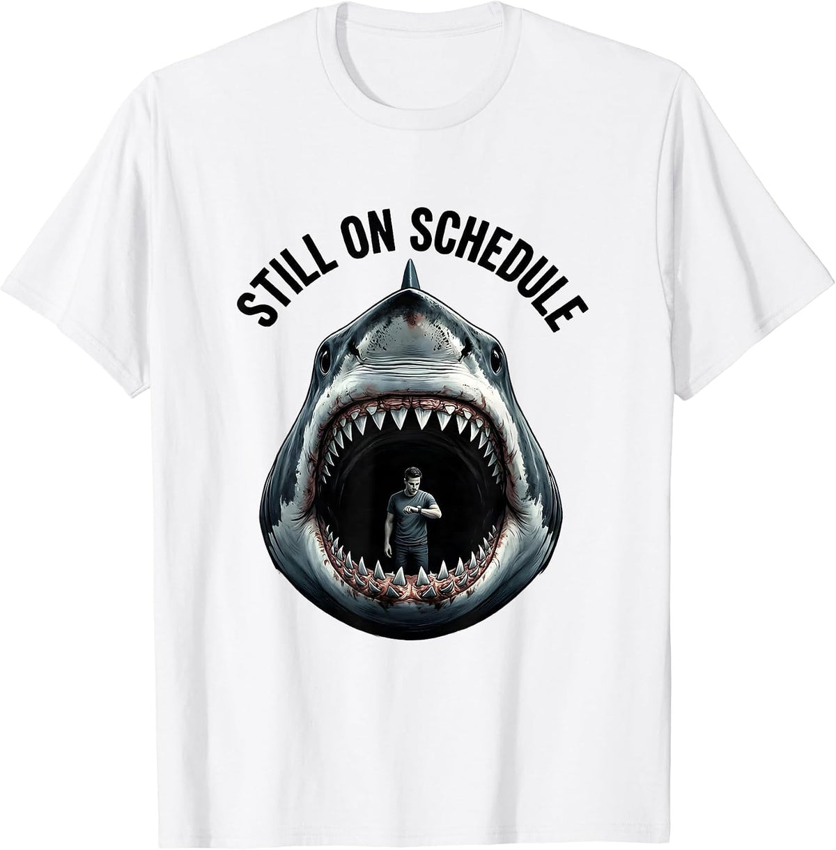 Men's Still On Schedule Funny Shark Jaw Halloween Costume T-Shirt - White