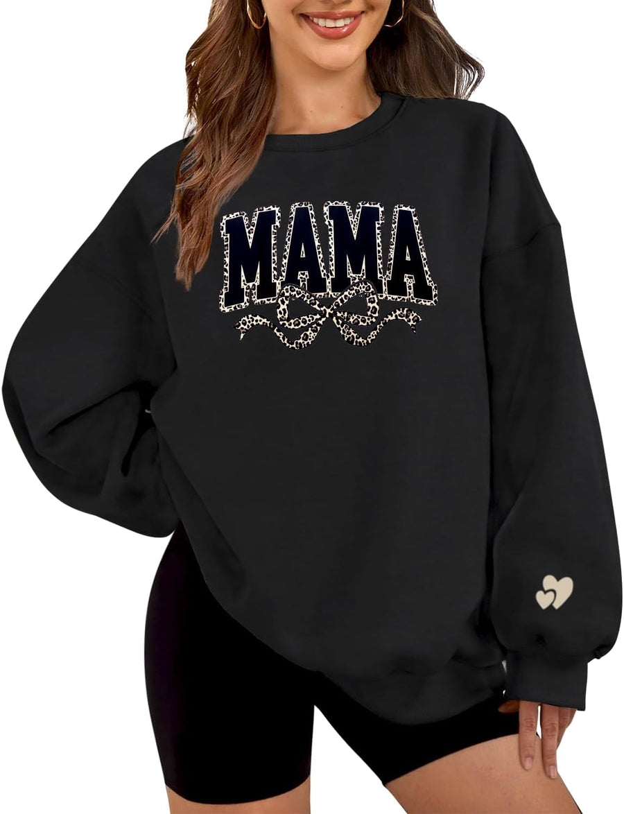 HEYTALALA Mama Sweatshirt for Women Oversized Crewneck Pullover Hoodies Graphic Tops Long Sleeve Mom Shirts - Black Leopard