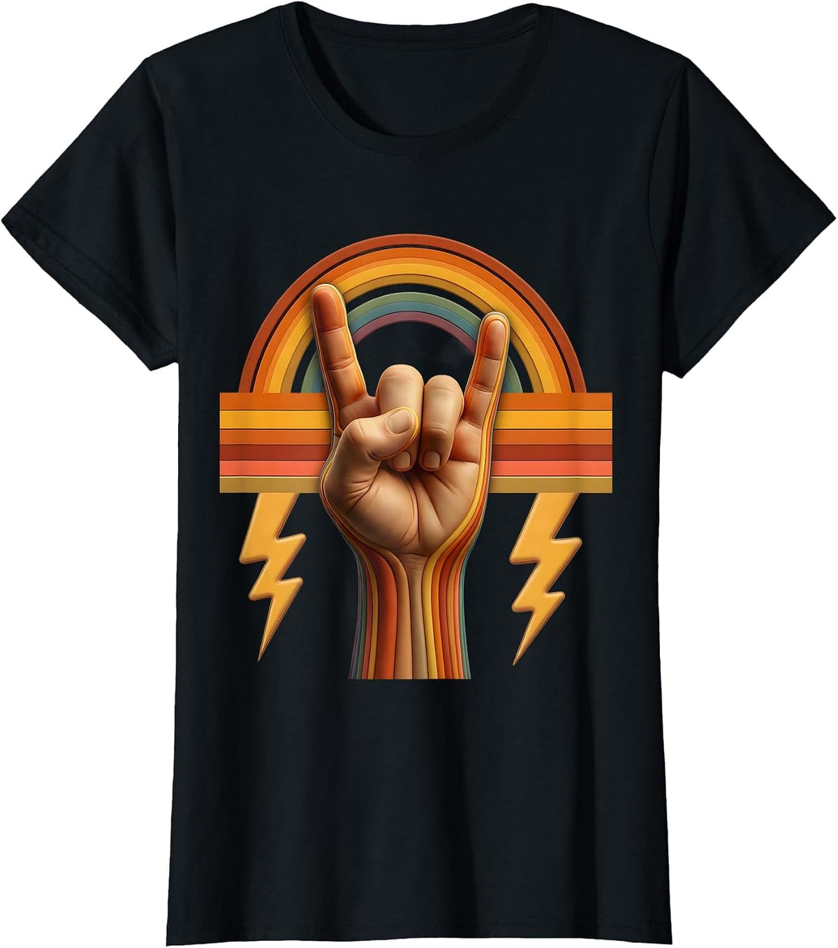 80s Rock Metal Horns Hand Sign Lightning Bolt T-Shirt - Black