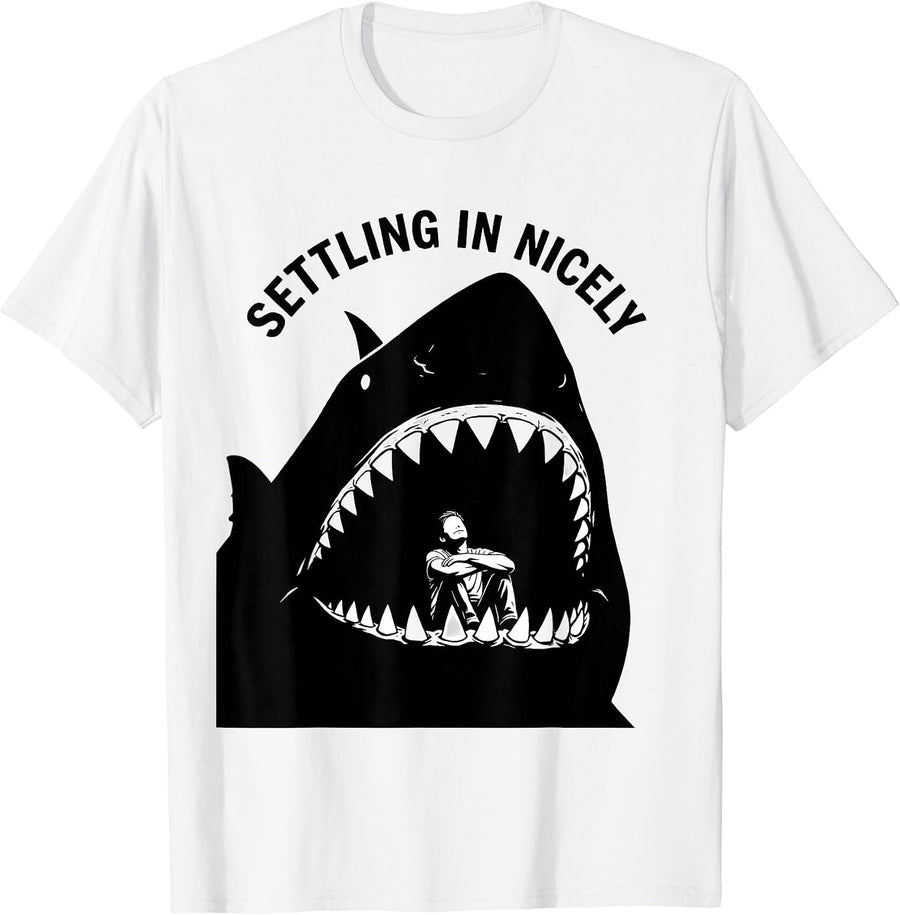 Men's Settling In Nicely Funny Shark Jaw Halloween Costume Novelty T-Shirt - White