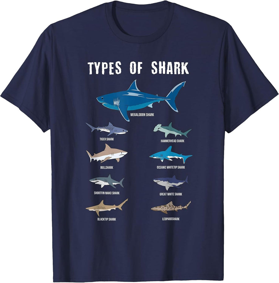 9 Types of Sharks Educational Colorful Ocean Sea Marine Life T-Shirt - Navy Blue