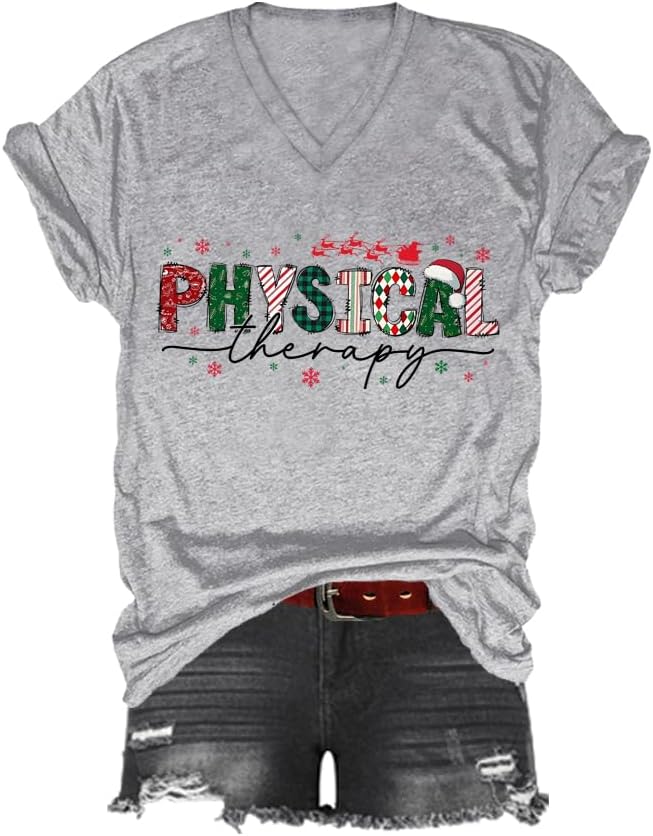 Christmas Physical Therapy T-Shirt, Physical Therapy Shirt, Classic Graphic Print Women Men V-Neck Tshirt - Grey