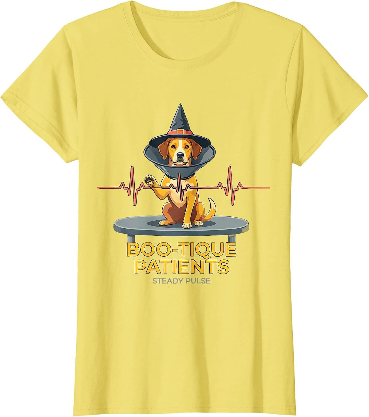 Boo-tique Patients Steady Pulse Funny Vet Tech Halloween T-Shirt - Lemon Yellow