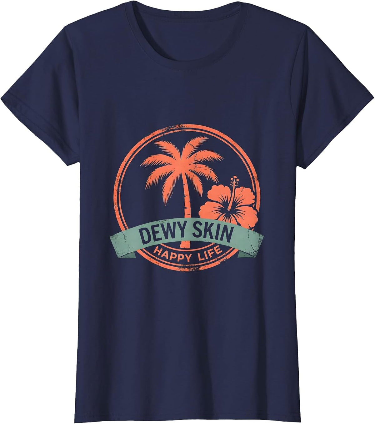 Women's K-Beauty Glass Skin Dewy Skin Happy Life Design T-Shirt - Navy Blue