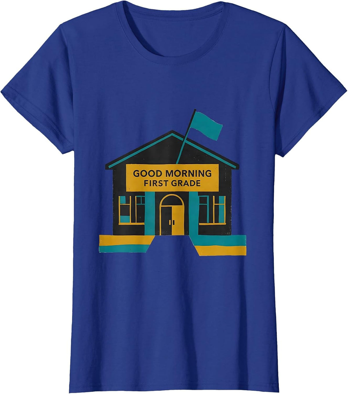 Women's Good Morning First Grade Midcentury Modern Teacher Student T-Shirt - Royal Blue