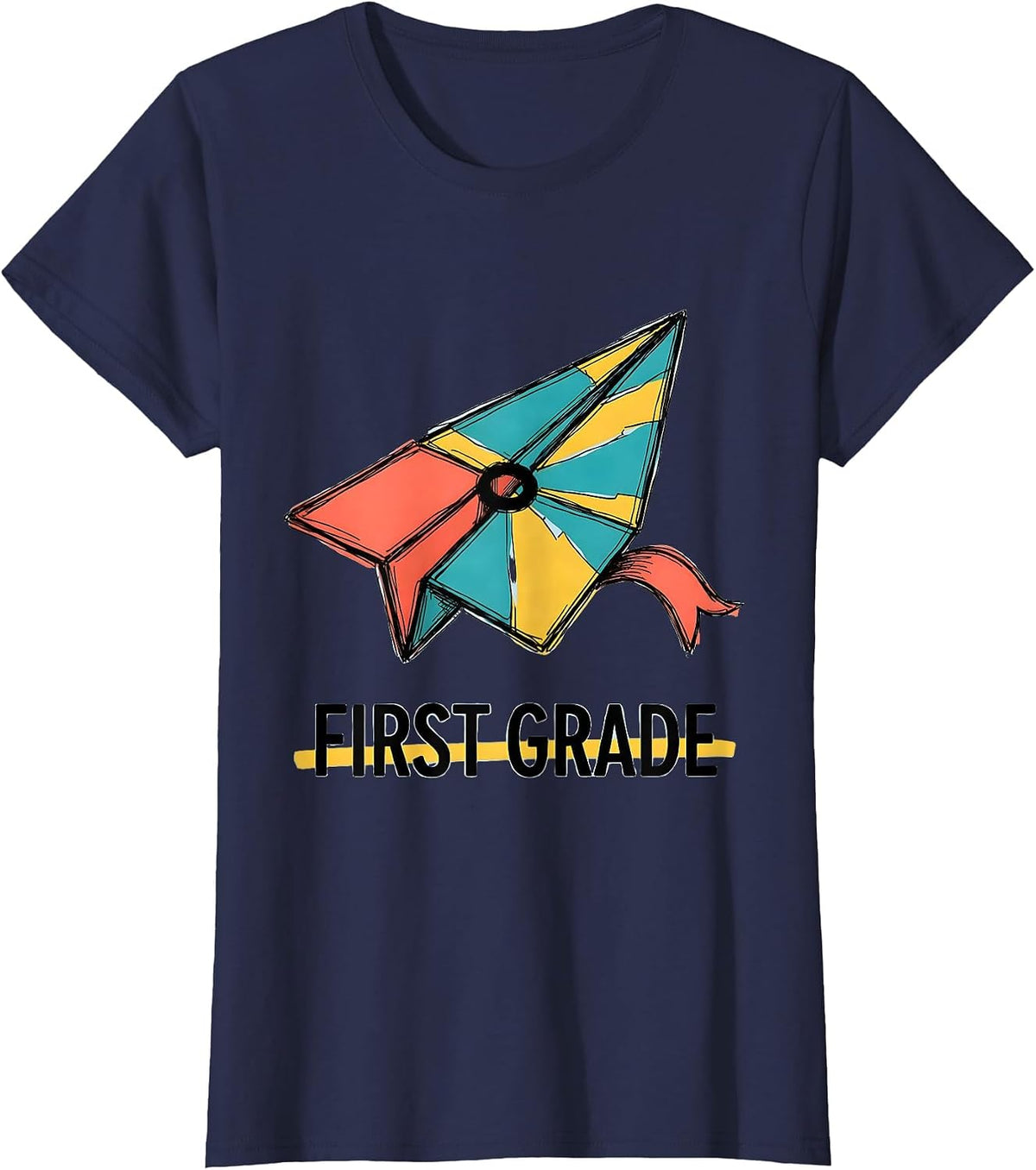 Women's First Grade Cute Preppy Back To School Pennant Flag Girl T-Shirt - Navy Blue