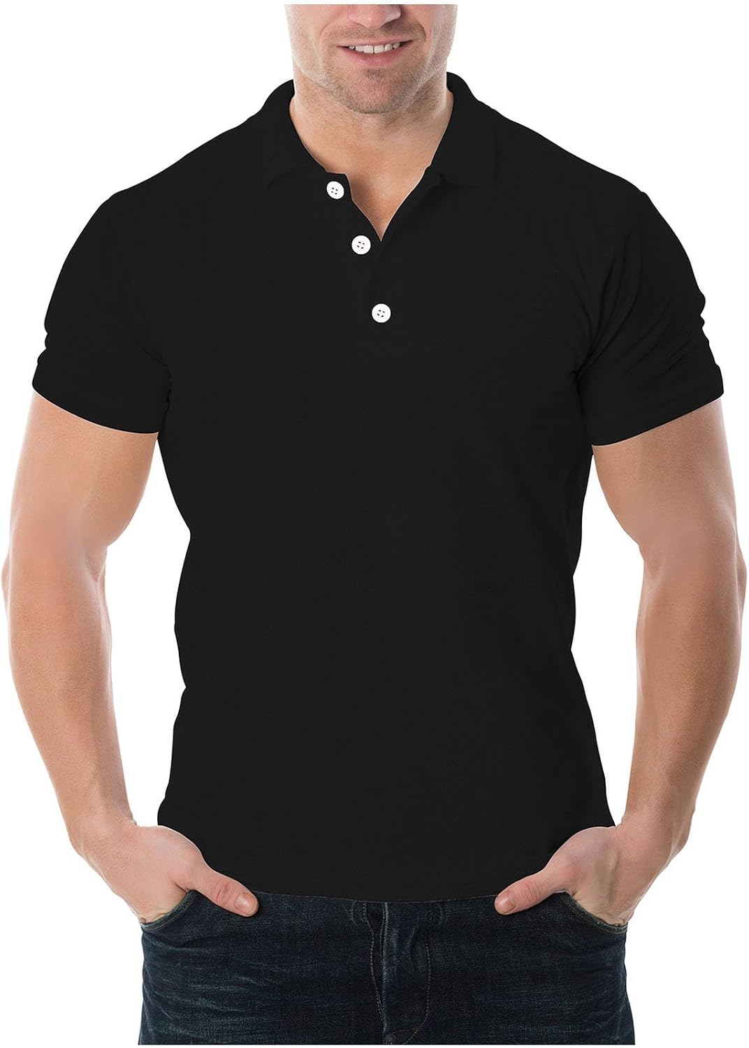 Mens Golf Shirts Casual Short Sleeve Classic Fit Stretch Solid Tees Fashion Collared Button Blouse Tops - Black