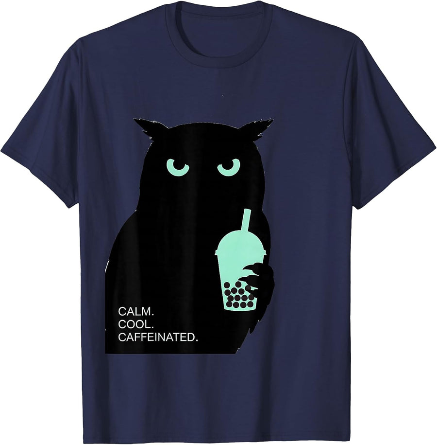Calm Cool Caffeinated Owl Boba Tea Kawaii Anime Girl T-Shirt - Navy Blue
