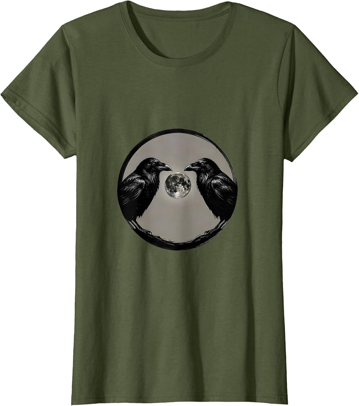 Women's Sealed Crow Moon Minimalist Gothic Raven Art T-Shirt - Olive Green