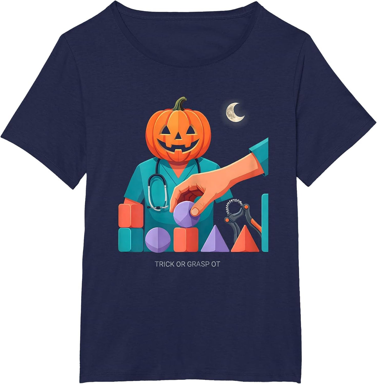 Women's Trick Or Grasp OT Occupational Therapist Halloween Humor T-Shirt - Navy Blue