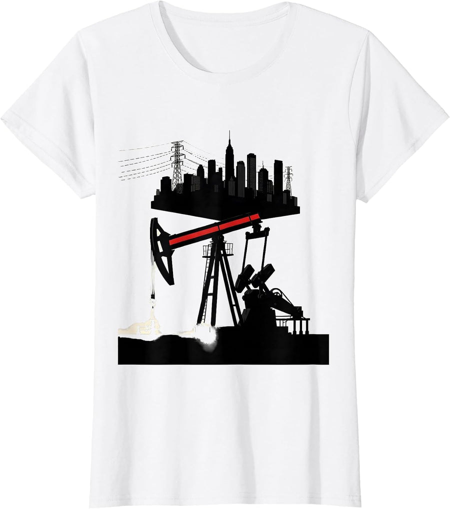 Women's Pumpjack Silhouette Patriotic Oilfield Worker Gift T-Shirt - White