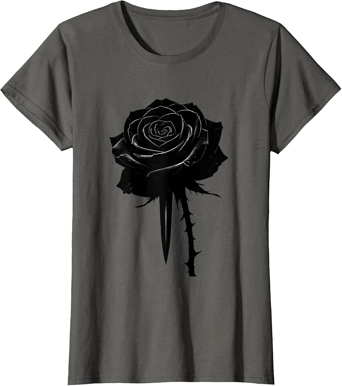 Women's Black Rose and Dagger Goth Dark Art Design T-Shirt - Asphalt Grey