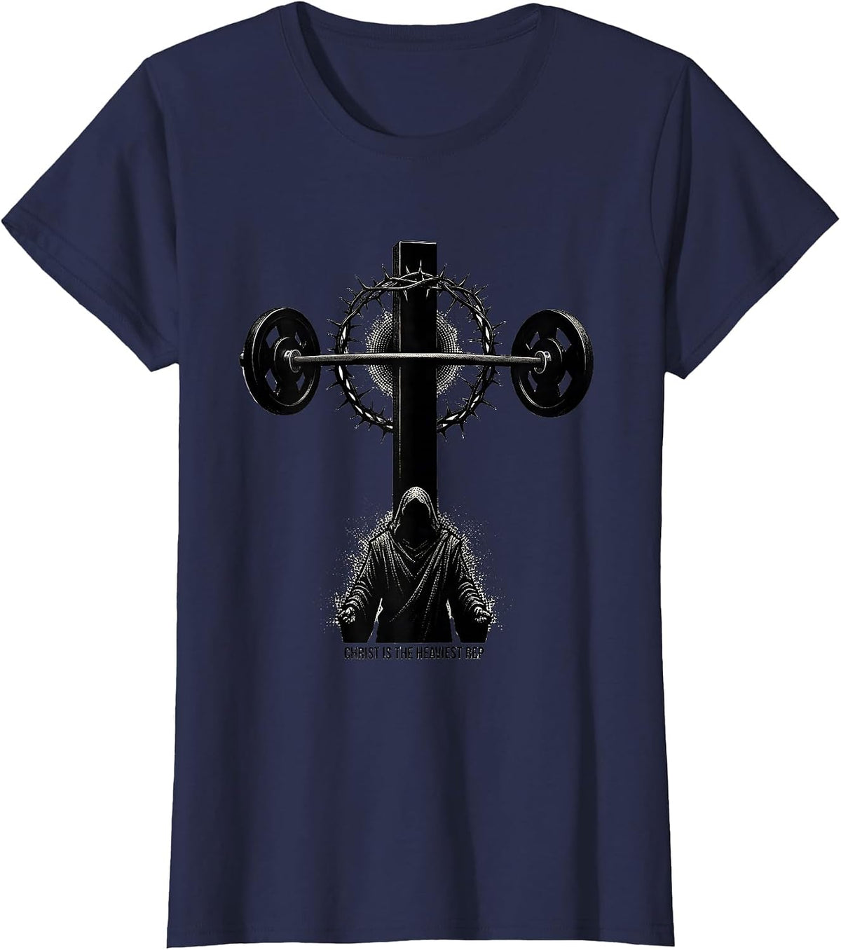 Women's Christ Is The Heaviest Rep Blackwork Dotwork Christian Gym T-Shirt - Navy Blue