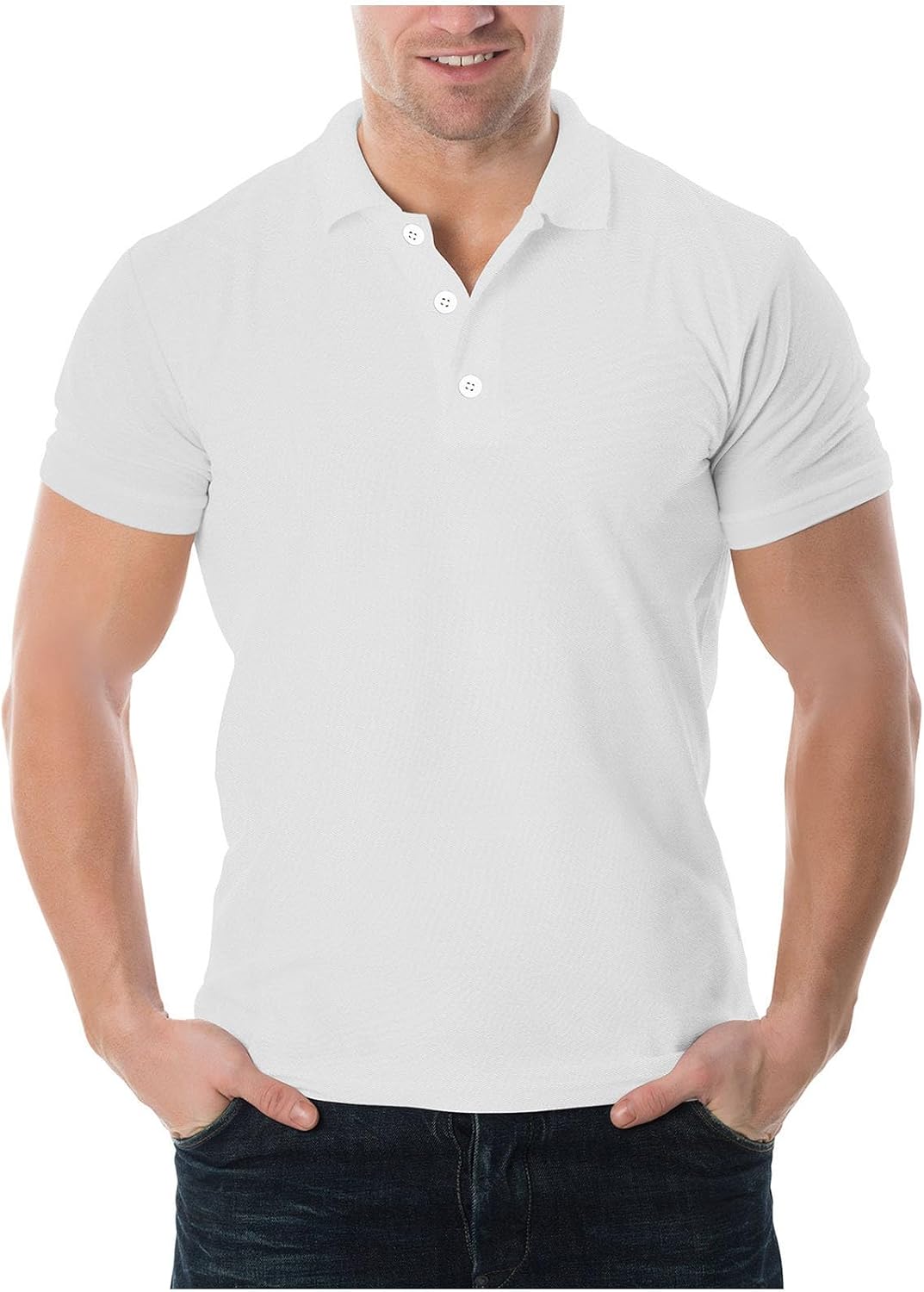 Mens Golf Shirts Casual Short Sleeve Classic Fit Stretch Solid Tees Fashion Collared Button Blouse Tops - White