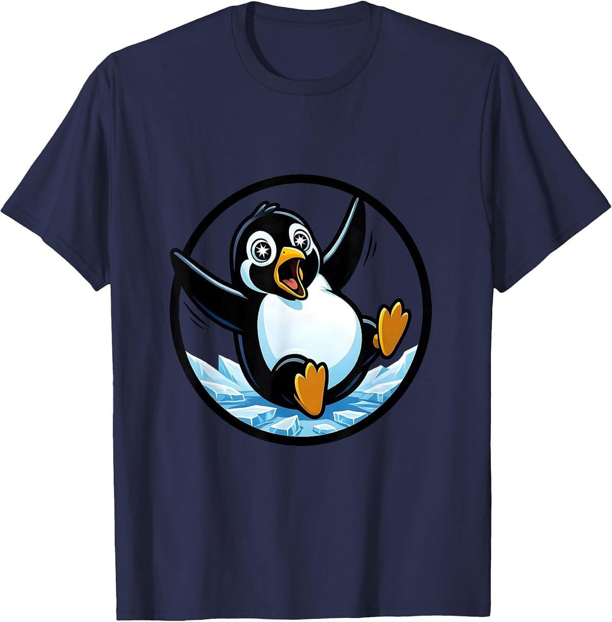 Men's Funny Penguin Slipping on Ice Graphic T-Shirt - Navy Blue
