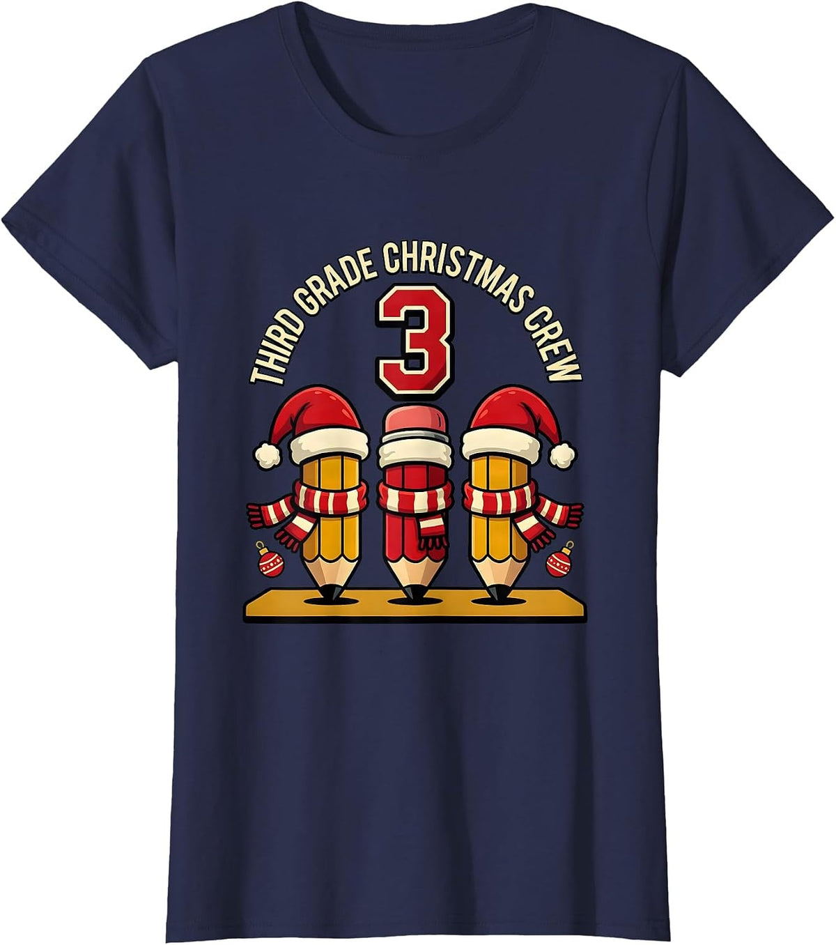 Women's Third Grade Christmas Crew Funny Teacher Holiday Squad T-Shirt - Navy Blue