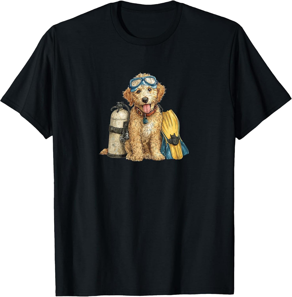 Funny Golden Doodle Puppy in Scuba Diving Gear T-Shirt - Black