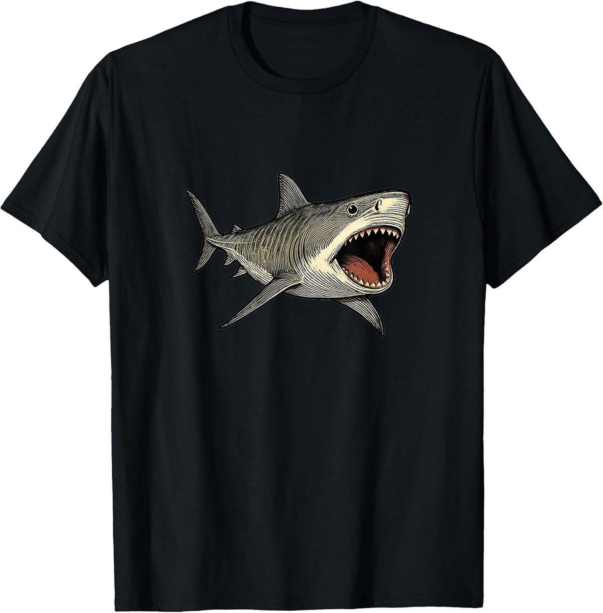 Tiger Shark with Open Mouth Ocean Design T-Shirt - Black