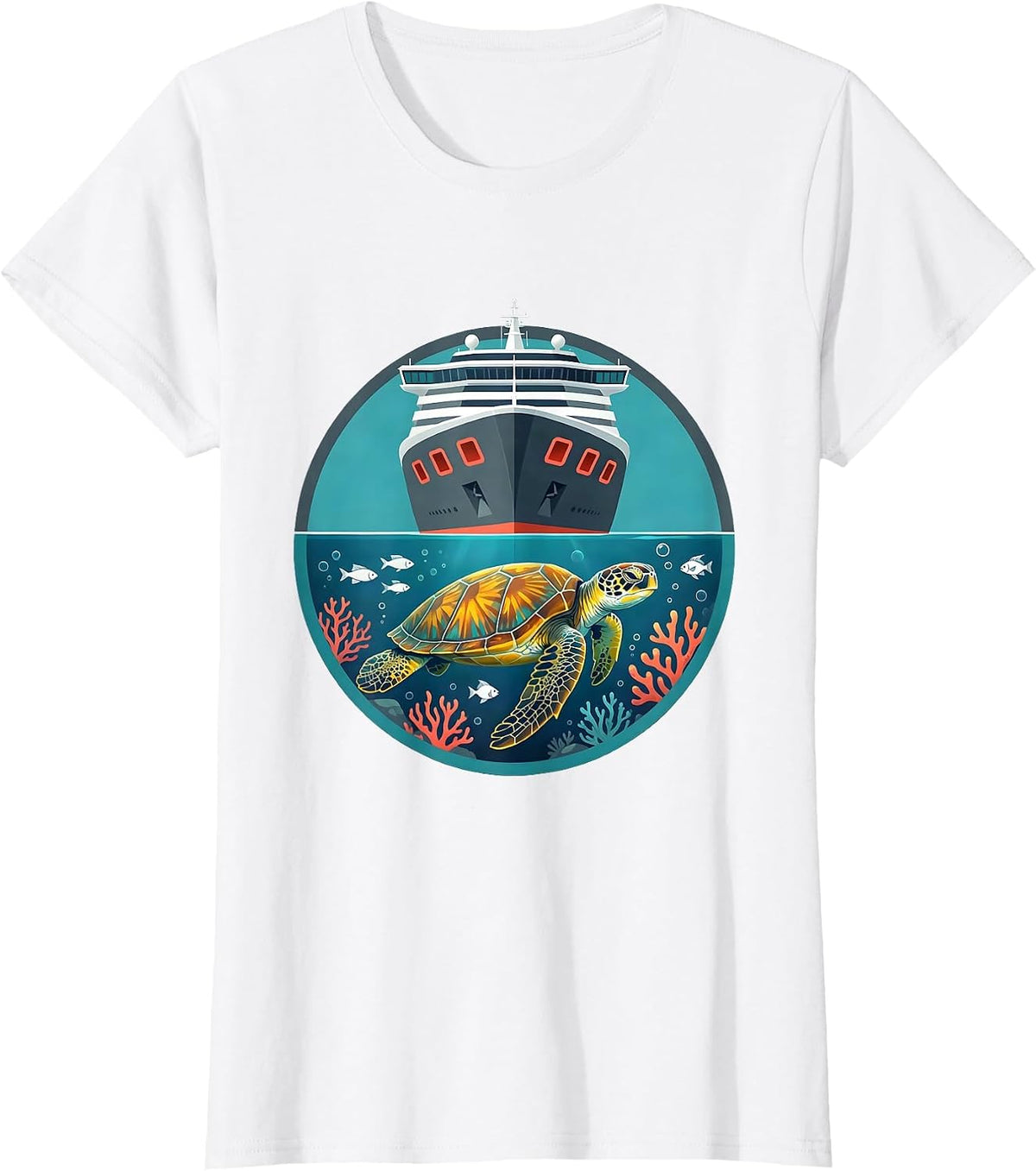 Women's Family Cruise Sea Turtle Under Ship Hull T-Shirt - White