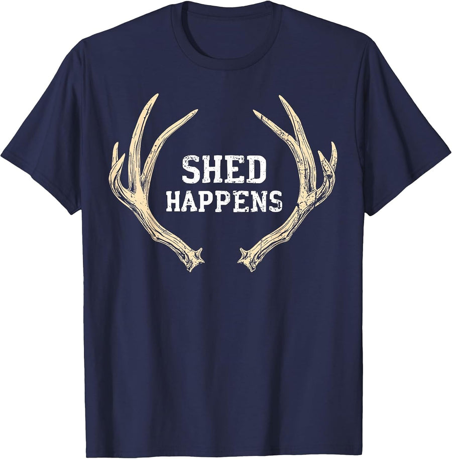 Shed Happens Buck Deer Hunter Joke Funny Deer Hunting T-Shirt - Navy Blue
