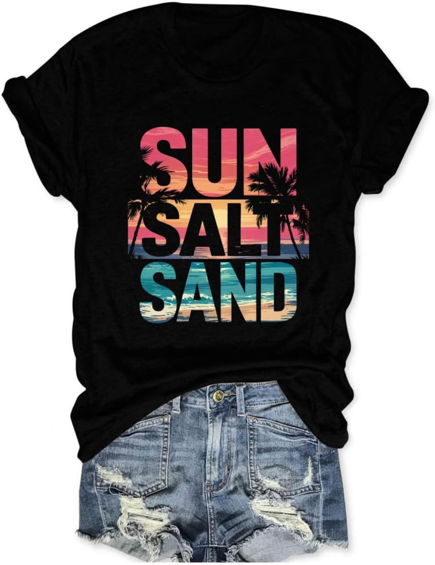 Beach Shirts for Women Sun Salt Sand Tshirt Summer Vacation Crew Neck Coconut Graphic Tees Lake Life T-Shirt - Black