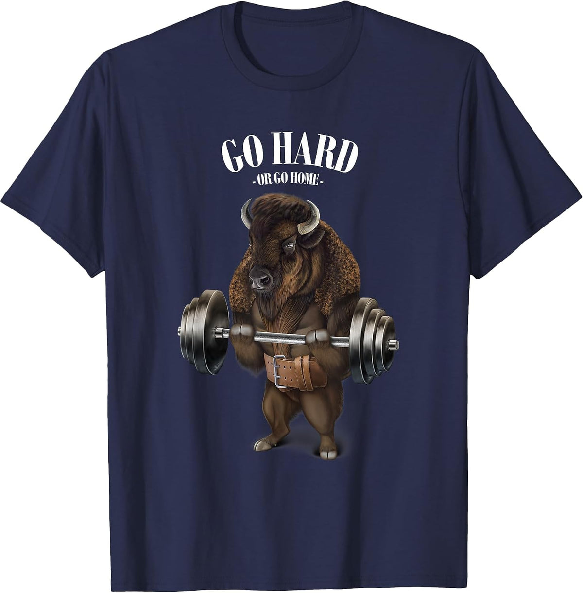 Bison Buffalo Bull Weightlifting in Fitness Gym T-Shirt - Navy Blue