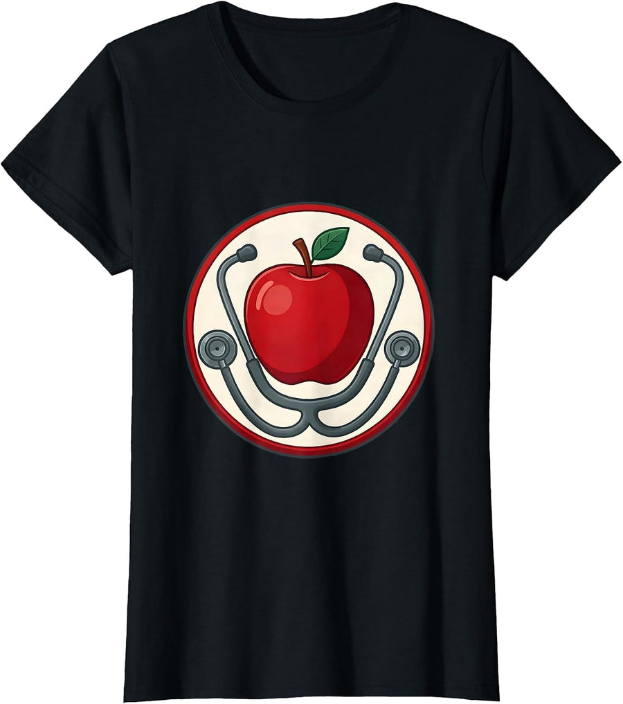 Women's School Nurse Stethoscope Apple Graphic T-Shirt - Black