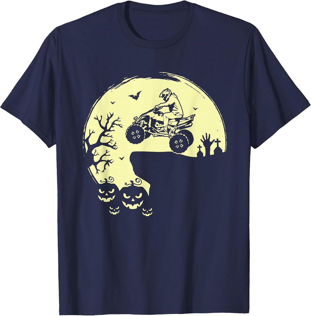 Spooky Halloween ATV Riding Full Moon Quad Bike Four Wheeler T-Shirt - Navy Blue