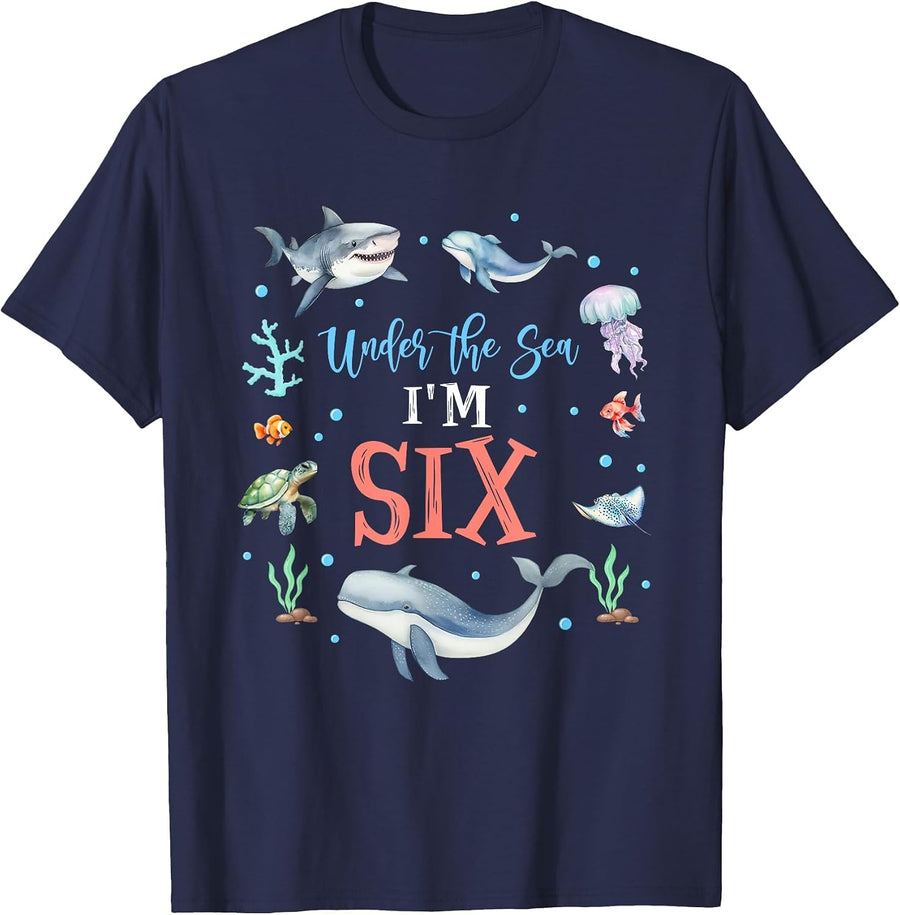 Under The Sea I'm 6 Year Old Ocean Life Whale 6th Birthday T-Shirt - Navy Blue