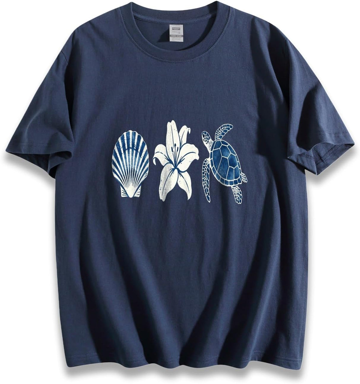 Coastal Sea Turtle Shell Lily Graphic T-Shirt, Beach Nature Inspired Casual Cotton Tee - Navy Blue