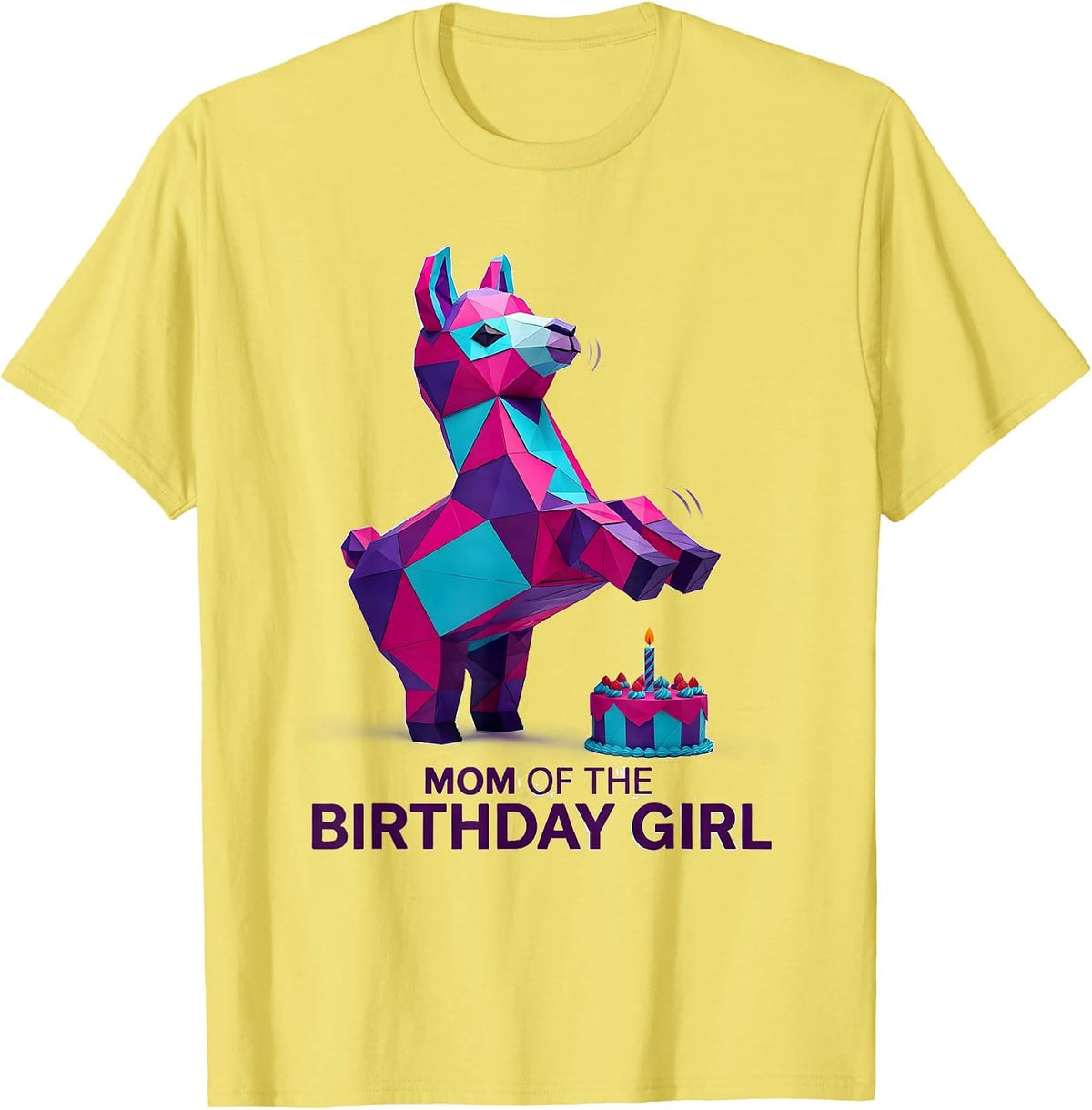 Men's Mom Of The Birthday Girl Low Poly Llama Piñata Party Humor T-Shirt - Lemon Yellow
