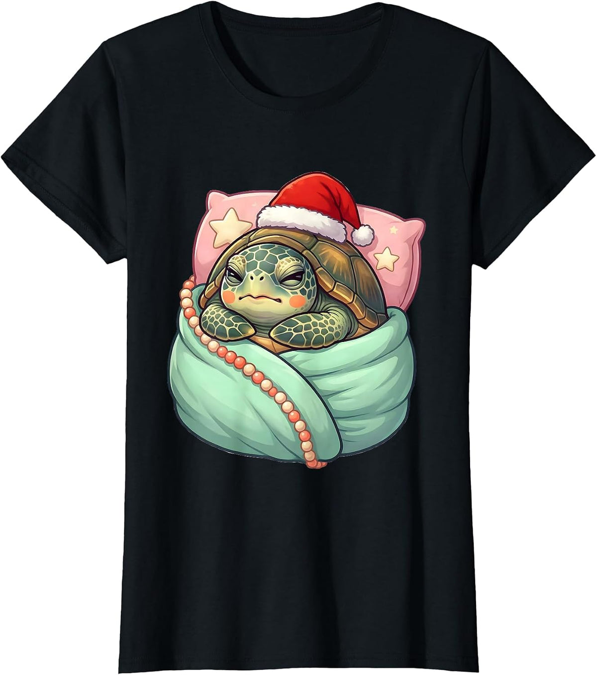 Women's Sea Turtle Santa Hat Cute Kawaii Holiday Pajama T-Shirt - Black