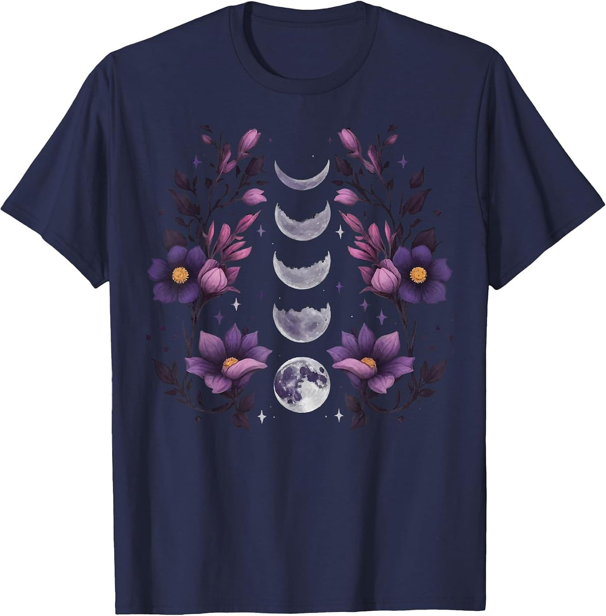 Celestial Moon Phase Boho Wildflowers Zodiac Witchcore T-Shirt - Navy Blue