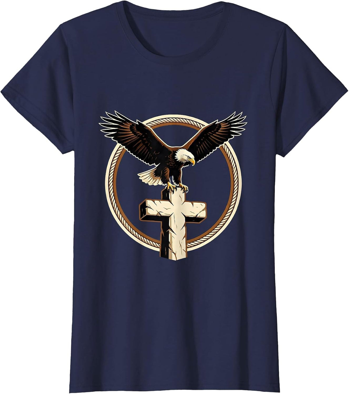 Women's Bald Eagle Perched on Stone Cross Christian Design T-Shirt - Navy Blue