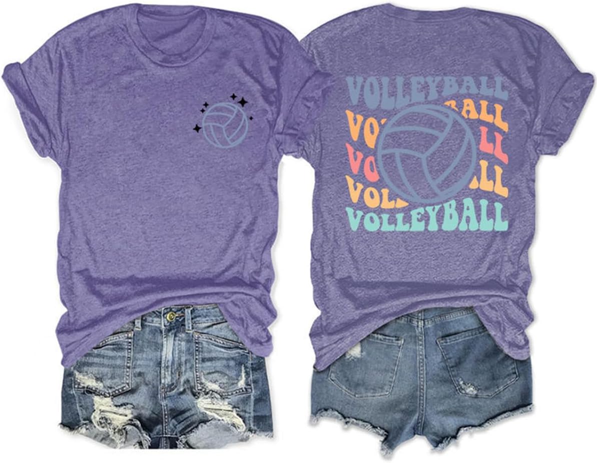 Volleyball Shirt, Women Game Day Volleyball T-Shirt Retro Short Sleeve Volleyball Graphic Tees Volleyball Lover Tops - Purple